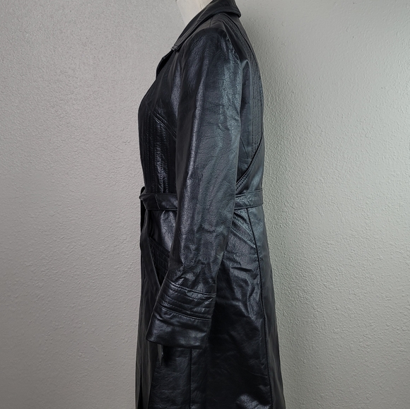 70s Bermans Black Leather Trench Coat with Pockets & Belt Size S - Picture 9 of 10